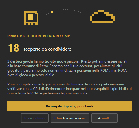 Carte animée en italien avant la fermeture, qui propose de recompiler les jeux aux nouveaux chemins