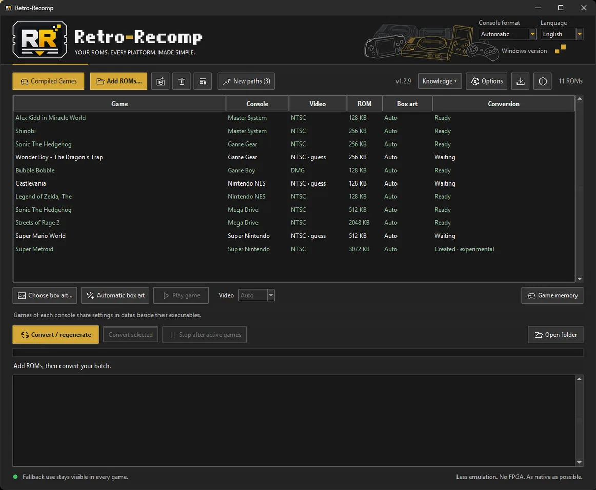 La file de conversion de RetroRecomp sous Windows, avec des jeux de six consoles
