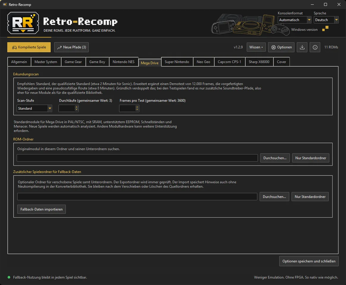 Les options en allemand, avec le niveau d’analyse Mega Drive et les dossiers